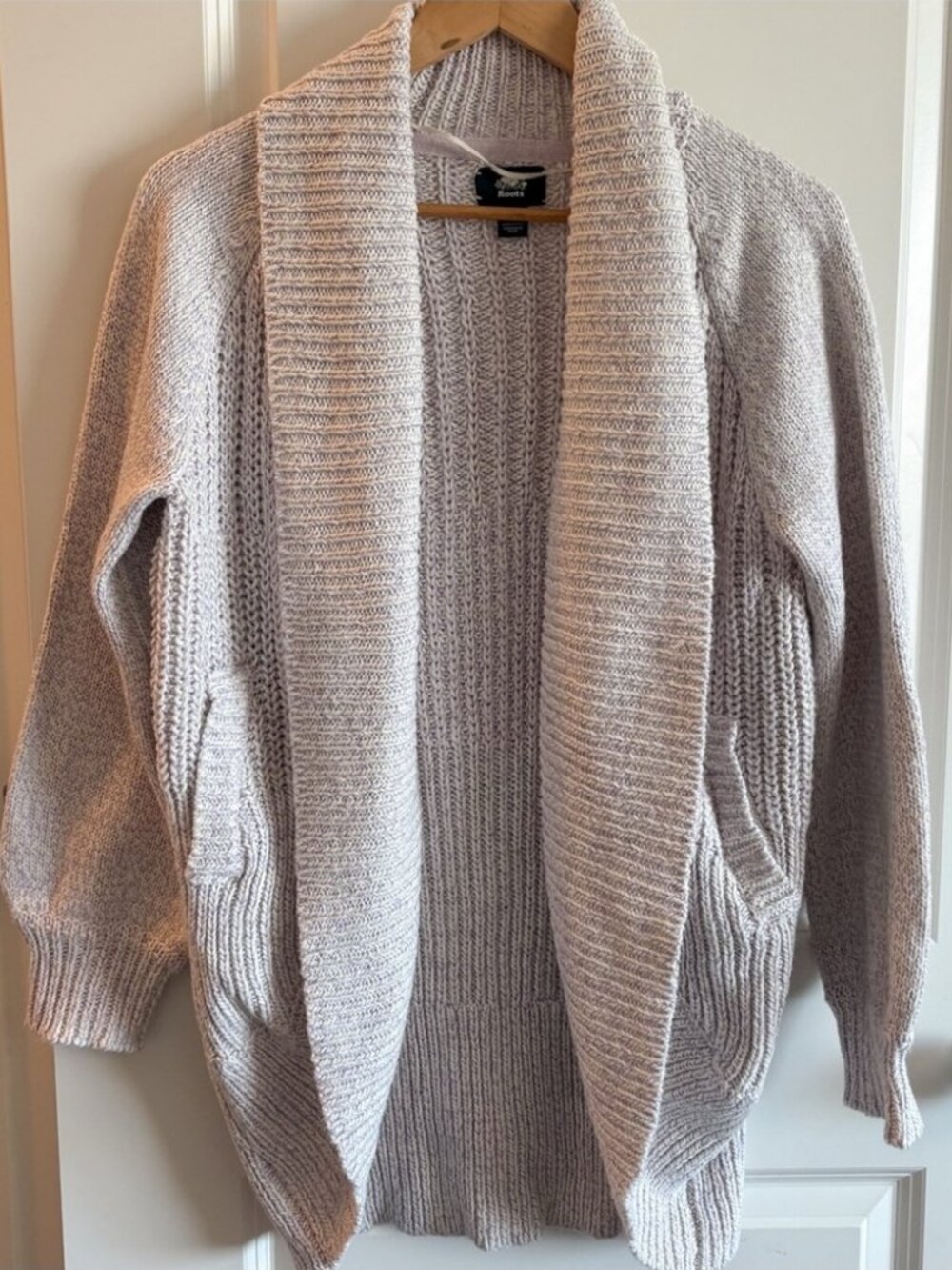 Roots Heathered Purple Cream Knit Cowl Collar Open Cardigan Size Large
